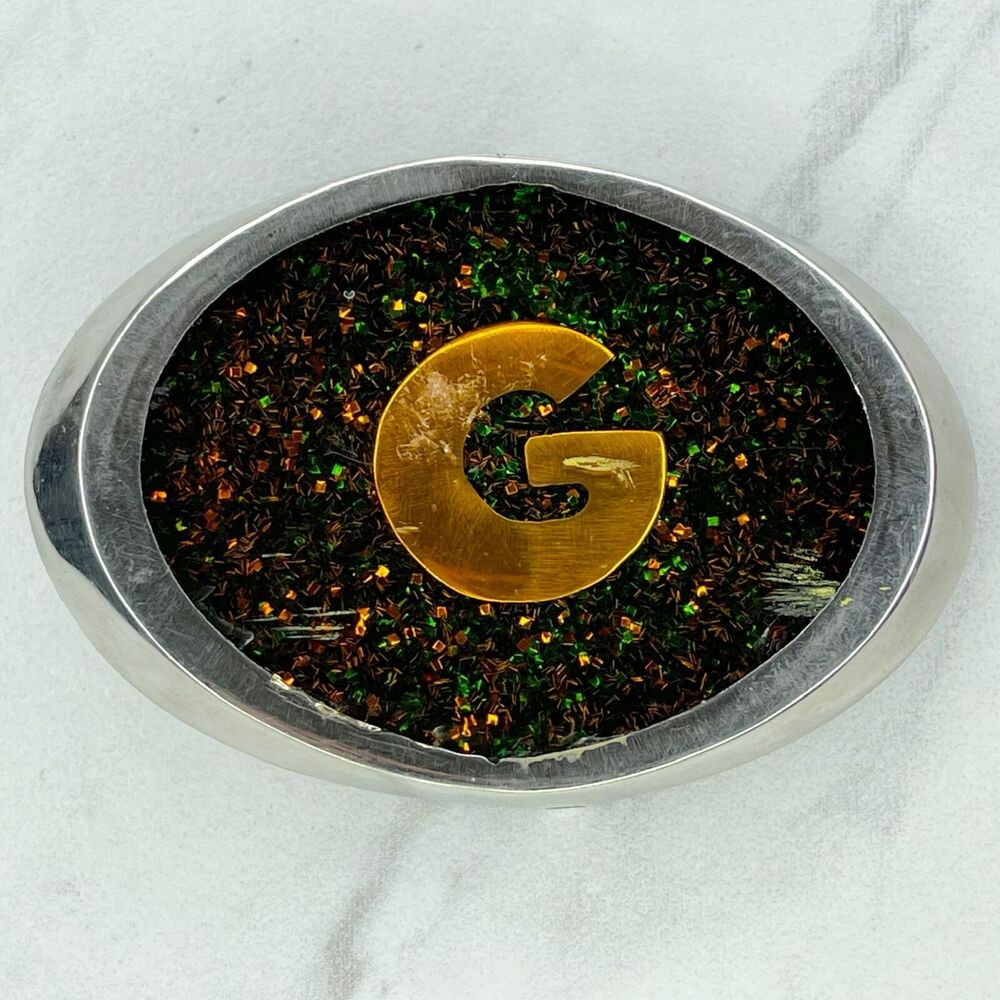 Silver Tone Glitter G Initial Letter Monogram Belt Buckle